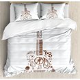 thumbnail image 1 of Music Duvet Cover Set, Instruments Microphone Tambourine Volume Symbol Trumpet Notebook Print, Decorative 3 Piece Bedding Set with 2 Pillow Shams, King Size, White Chocolate, by Ambesonne, 1 of 3