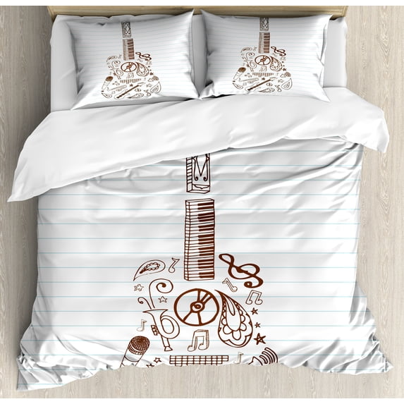 Music Duvet Cover Set, Instruments Microphone Tambourine Volume Symbol Trumpet Notebook Print, Decorative 3 Piece Bedding Set with 2 Pillow Shams, King Size, White Chocolate, by Ambesonne