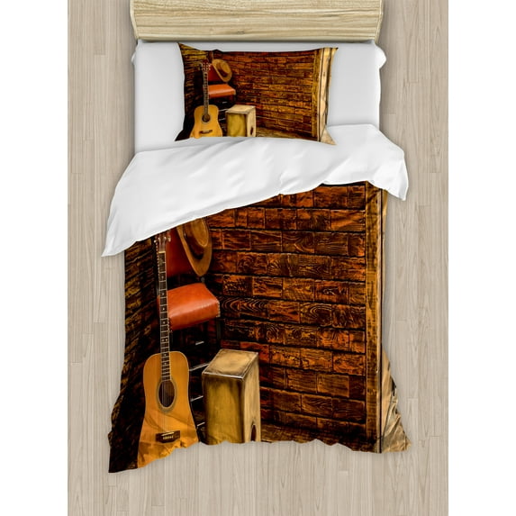Music Duvet Cover Set, Music Instruments on Wooden Stage in Pub Beverage Cafe Counter Bar, Decorative 2 Piece Bedding Set with 1 Pillow Shams, Twin Size, Dark Orange Sand Brown, by Ambesonne