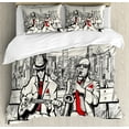 thumbnail image 1 of Music Duvet Cover Set, Jazz Men Band Playing Beats in New York at Night Retro Style Illustration Print, Decorative 3 Piece Bedding Set with 2 Pillow Shams, King Size, Red Black Ecru, by Ambesonne, 1 of 3