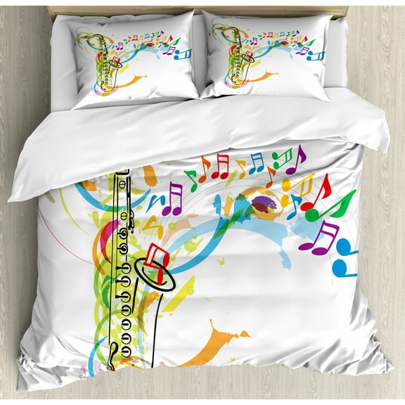 Music Duvet Cover Set King Size, Colored Illustration of Saxophone with Wavy Notes in Air Fun Vibes Retro Boho Chic, Decorative 3 Piece Bedding Set with 2 Pillow Shams, Multicolor, by Ambesonne