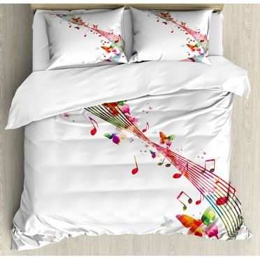 Music Duvet Cover Set King Size, Colorful Artwork with Musical Notes and Butterflies Springtime Inspired Party Theme, Decorative 3 Piece Bedding Set with 2 Pillow Shams, Multicolor, by Ambesonne