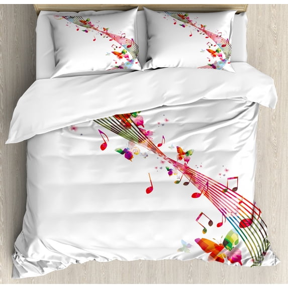 Music Duvet Cover Set King Size, Colorful Artwork with Musical Notes and Butterflies Springtime Inspired Party Theme, Decorative 3 Piece Bedding Set with 2 Pillow Shams, Multicolor, by Ambesonne
