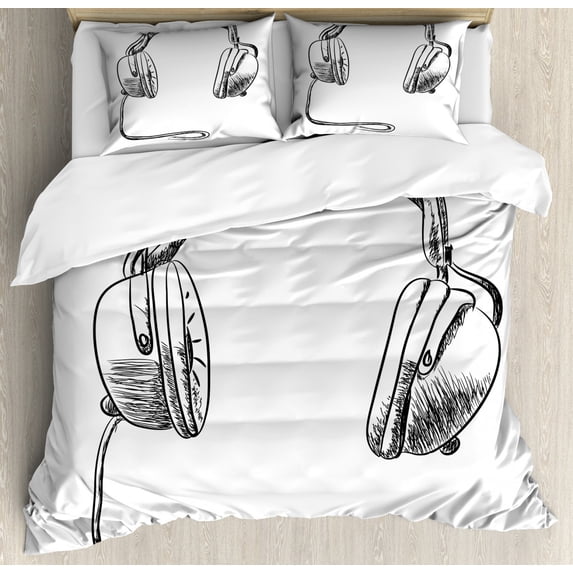 Music Duvet Cover Set King Size, Sketch Style Hand Drawn DJ Headphones Rhythm Radio Modern Hippie Art Illustration, Decorative 3 Piece Bedding Set with 2 Pillow Shams, Black White, by Ambesonne