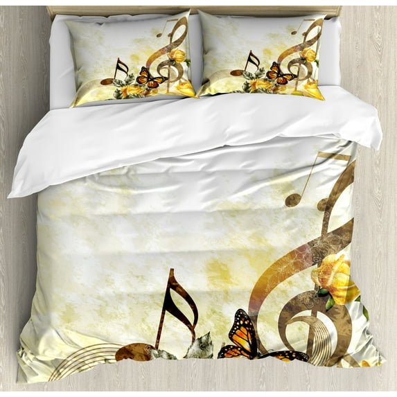 Music Duvet Cover Set, Music Roses Romantic Antiquity Victorian Classic Bridal Floral Illustration, Decorative 3 Piece Bedding Set with 2 Pillow Shams, King Size, Sepia and Yellow, by Ambesonne