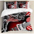 thumbnail image 1 of Music Duvet Cover Set, Music Old Fashioned Speaker Loudspeaker Geometrical Striped Background, Decorative 3 Piece Bedding Set with 2 Pillow Shams, Calking Size, Burgundy Beige Grey, by Ambesonne, 1 of 3