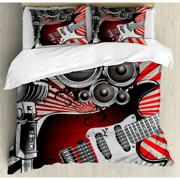 Music Duvet Cover Set, Music Old Fashioned Speaker Loudspeaker Geometrical Striped Background, Decorative 3 Piece Bedding Set with 2 Pillow Shams, Calking Size, Burgundy Beige Grey, by Ambesonne