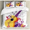 thumbnail image 1 of Music Duvet Cover Set, Performance of a Guitarist Playing on Big Guitar with Floral Ornaments, Decorative 3 Piece Bedding Set with 2 Pillow Shams, Calking Size, Mustard and Multicolor, by Ambesonne, 1 of 3
