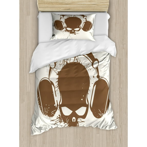 Music Duvet Cover Set, Skull with Headphones Listening Dead DJ Grunge Retro Style Graphic Print, Decorative 2 Piece Bedding Set with 1 Pillow Shams, Twin Size, Pale Caramel Cream, by Ambesonne