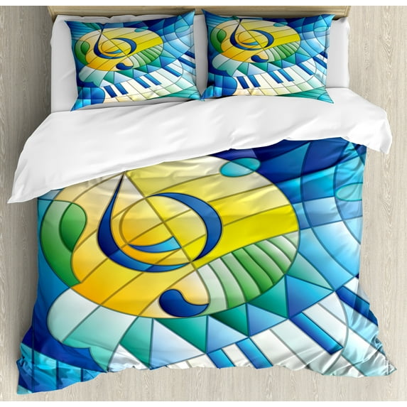 Music Duvet Cover Set, Stained Glass Style Composition of Clef Notes and Keyboard in Summer Tones, Decorative 3 Piece Bedding Set with 2 Pillow Shams, King Size, Blue Yellow and Green, by Ambesonne