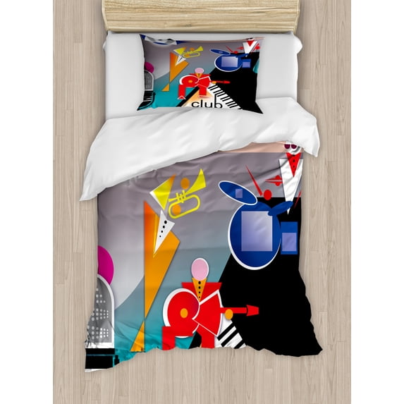Music Duvet Cover Set Twin Size, Band of Stick Figures Performing on an Abstract Piano Jazz Club with Notes Background, Decorative 2 Piece Bedding Set with 1 Pillow Sham, Multicolor, by Ambesonne