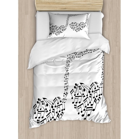 Music Duvet Cover Set Twin Size, Big Abstract Musical Note with Smaller Ones and Heart Shape Details Love of Art, Decorative 2 Piece Bedding Set with 1 Pillow Sham, Black White, by Ambesonne