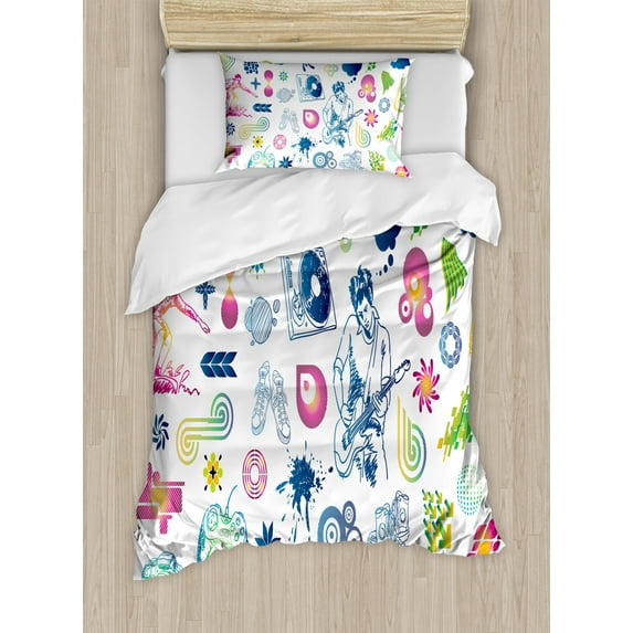 Music Duvet Cover Set Twin Size, Modern Design Boy Teenager Guitarist with Butterflies Playstation Ombre Digital Image, Decorative 2 Piece Bedding Set with 1 Pillow Sham, Multicolor, by Ambesonne