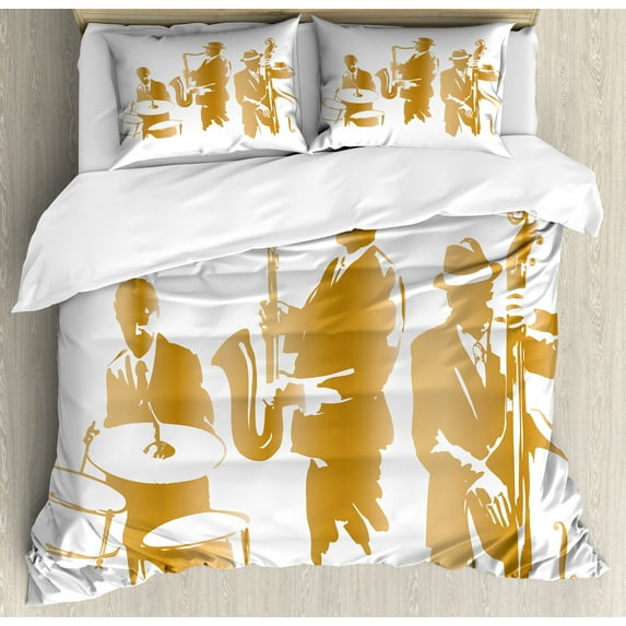 Music Duvet Cover Set, Vintage Style Illustration of Jazz Band Playing the Blues Music Home Vibes Art, Decorative 3 Piece Bedding Set with 2 Pillow Shams, Calking Size, Sand Brown White, by Ambesonne
