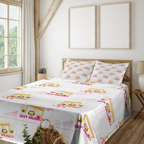 Ambesonne Music Emoji Fitted & Top Sheet Set with Shams, Modern Note Faces Funny, White Magenta and Orange