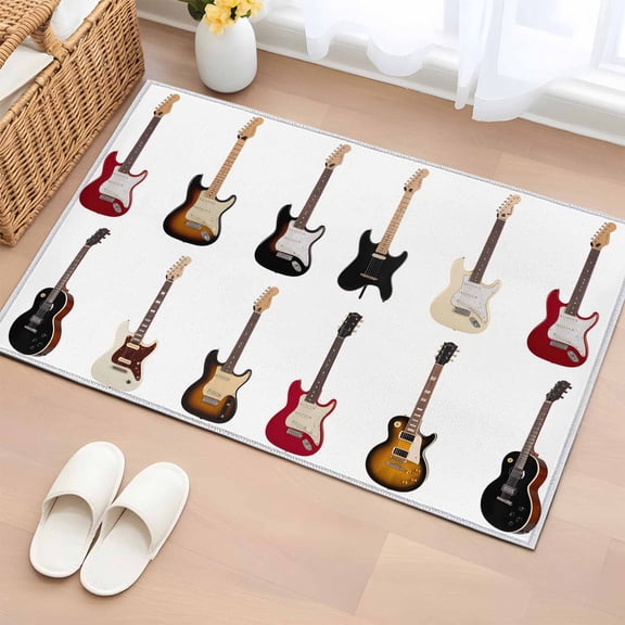 Music Entryway Rug 2'x3' Non Slip Front Door Mats, Red Beige Guitar Modern Art Entrance Rugs Indoor Outdoor Carpet, Washable Floor Mats Small Area Rug for Bedroom Kitchen
