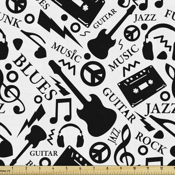 Ambesonne Music Fabric by the Yard Upholstery, Blues Jazz Punk Rock Sign, 2 Yards, Black White