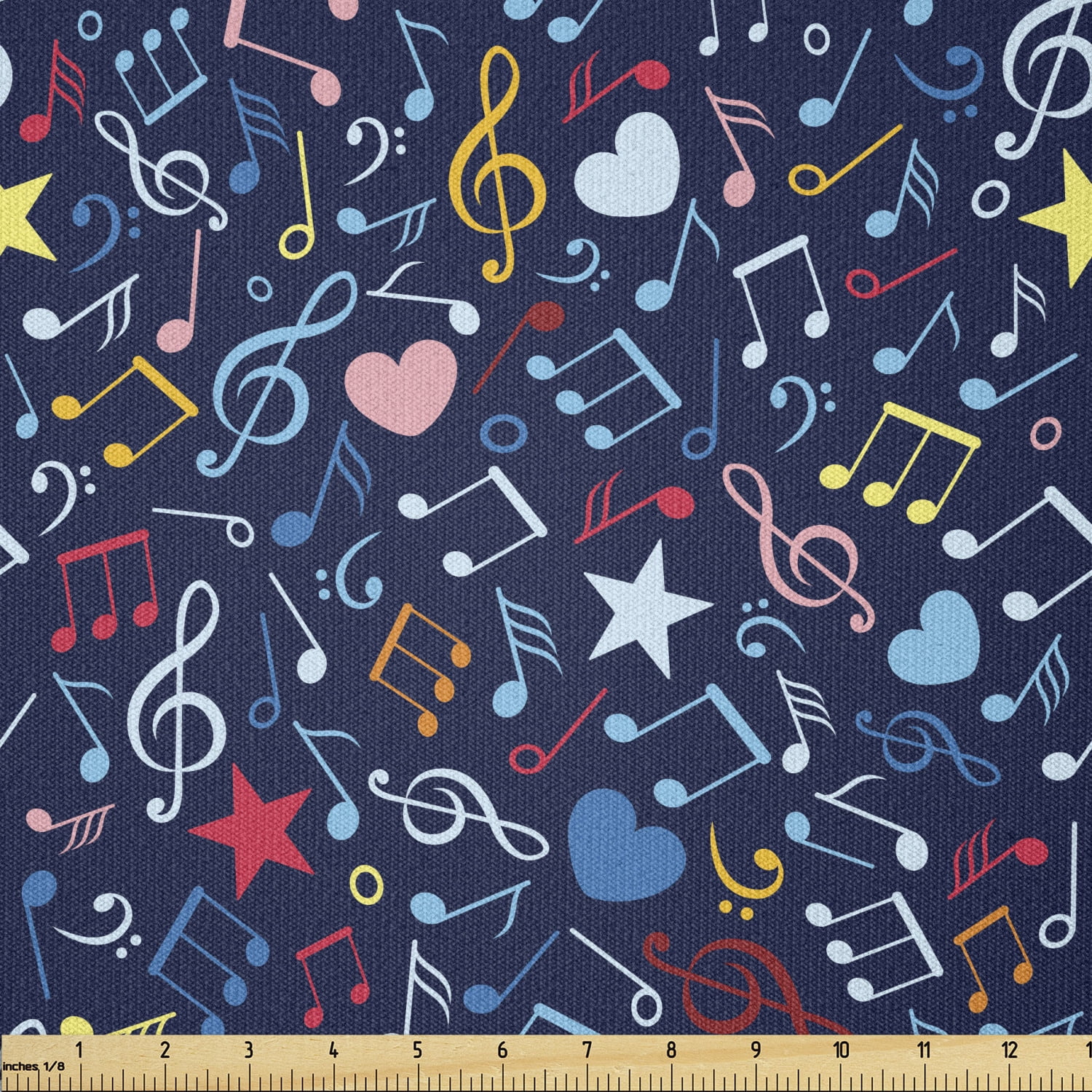 Music Fabric by The Yard, Hearts Notes Stars Melodic Inspiration Musical Lifestyle Rhythm in My Heart Design, Stretch Knit Fabric for Clothing Sewing and Arts Crafts, 1 Yard, Indigo Red, by Ambesonne