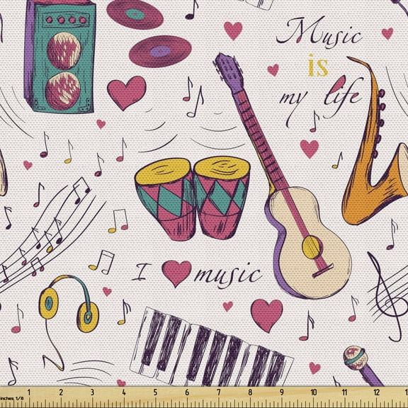 Ambesonne Music Fabric by the Yard Upholstery, Drums Speakers Records, 10 Yards, Multicolor