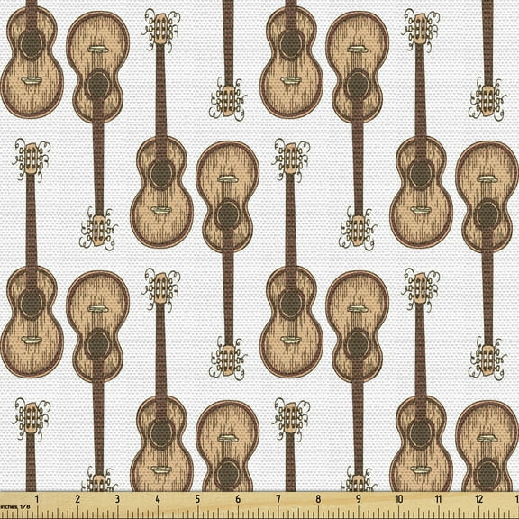 Ambesonne Music Fabric by the Yard Upholstery, Wooden Acoustic Guitars Art, 3 Yards, White Ecru and Pale Redwood