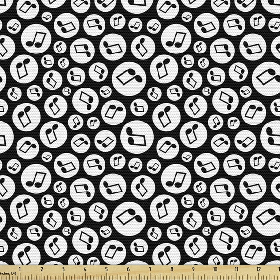 Ambesonne Music Fabric by the Yard Upholstery, Fun Notes Circular Hoops, 1 Yard, Black White