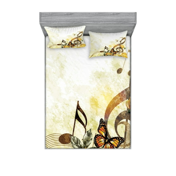 Music Fitted Sheet & Pillow Sham Set, Music Roses Romantic Antiquity Victorian Classic Bridal Floral Illustration, Decorative Printed 6 Piece Bedding Decor Set, Calking, Sepia and Yellow, by Ambesonne