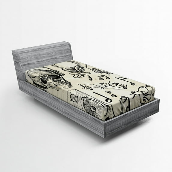Ambesonne Sketchy Fitted Sheet, Music Hipster Skull, Twin XL Size, Beige Black