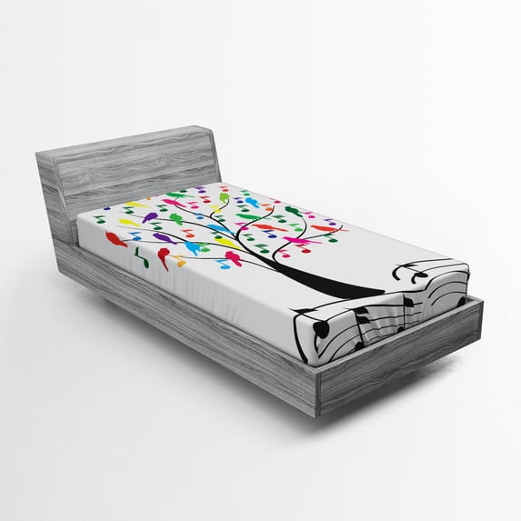 Ambesonne Music Fitted Sheet, Tree with Notes Happiness, Twin XL Size, Multicolor