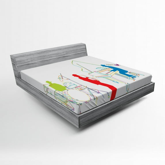 Music Fitted Sheet, Vibrant Colored Jazz Band Instruments Modern Illustration Retro Style Music Art Print, Soft Decorative Fabric Bedding, Queen Size, Multicolor, by Ambesonne