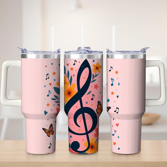 Music Floral Treble Clef Stainless Steel Insulated Mug with Lid and Handle, 30oz