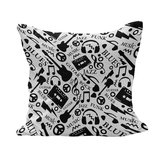 Music Fluffy Throw Pillow Cushion Cover, Blues Jazz Punk Rock Various Type of Folk Indie Rap Reggae Peace Sign Sing Art, Decorative Square Accent Pillow Case, 20" x 20", Black White, by Ambesonne