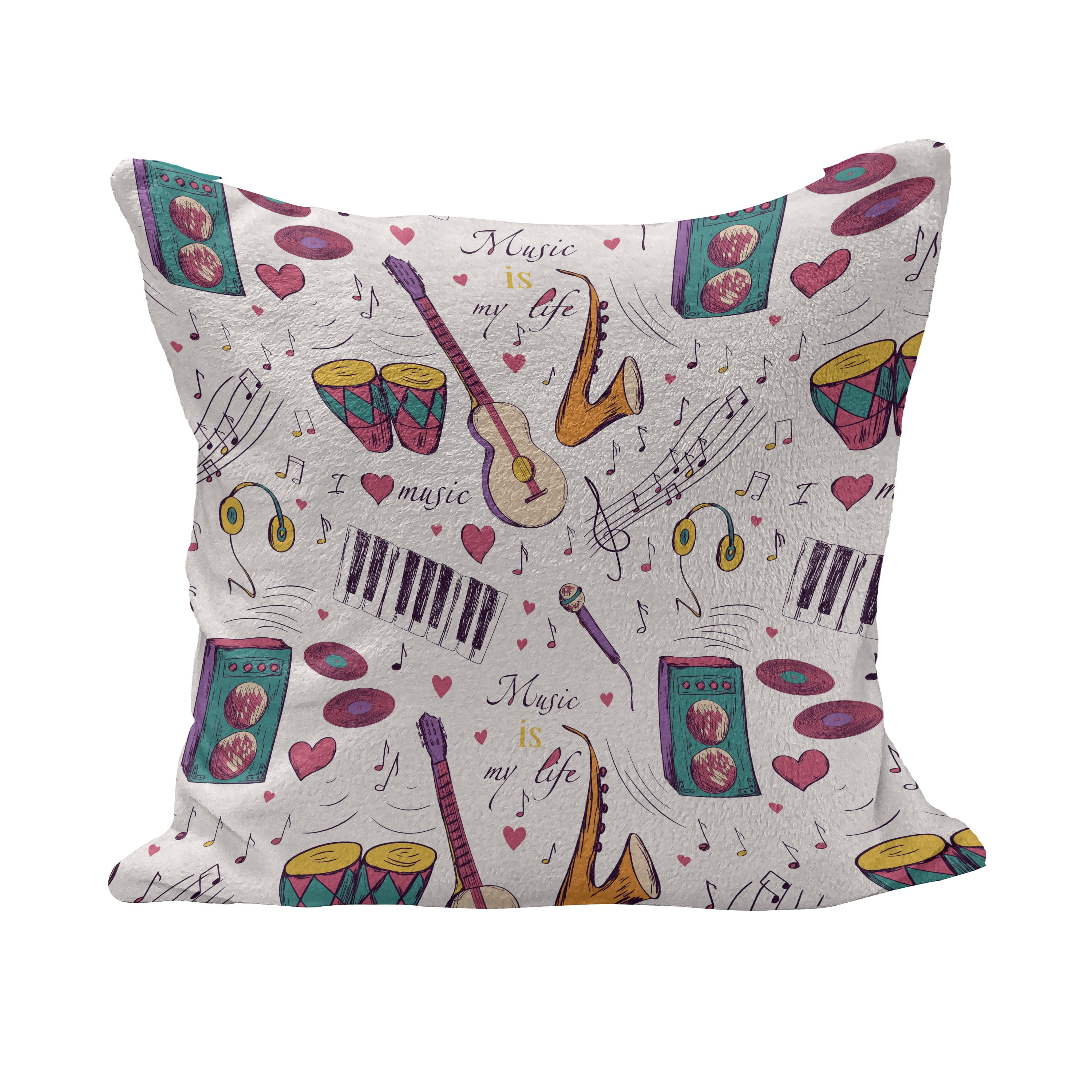 Music Fluffy Throw Pillow Cushion Cover, Instruments Drums Speakers ...