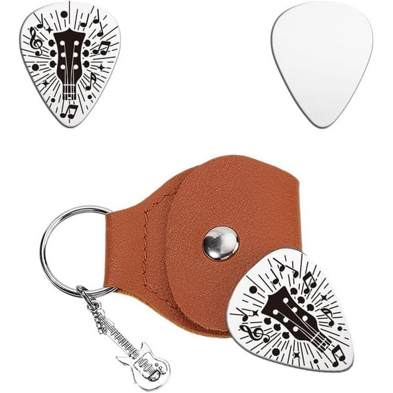 Music Gifts DIY for Guitarist Guitar Glow Stainless Steel Guitar Picks Keychain Leather Holder Personalized Music Sign Plectrum Accessories DIY for Musician Lover Birthday Christmas Gifts
