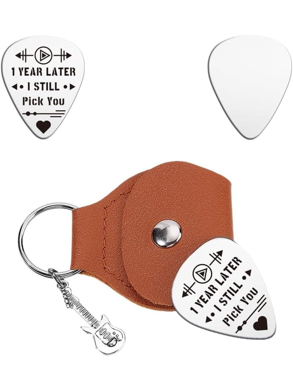 Music Gifts DIY for Guitarist Stainless Steel Guitar Pick 1 Year Anniversary Present Gifts One Year Wedding Anniversary Christmas Gift Keychain Leather Holder DIY for Husband Wife Birthday
