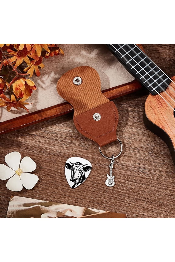 Music Gifts for Guitarist Farm Cow Stainless Steel Guitar Picks Keychain Leather Holder Personalized Funny Animal Plectrum Accessories for Musician Lover Birthday Christmas Gifts