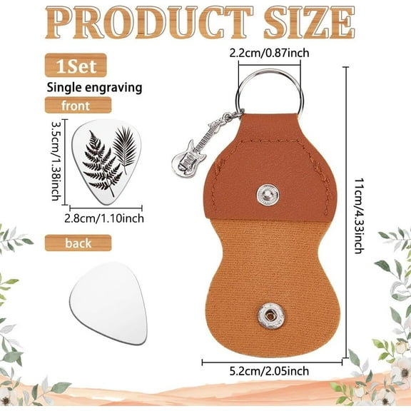 Music Gifts for Guitarist One-side Engraved Fern Leaf Stainless Steel Guitar Pick Keychain Leather Holder Plectrum Guitar Set for Musician Lover Birthday Christmas Gifts