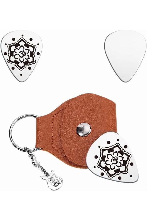 Music Gifts for Guitarist One-side Engraved Symbol Stainless Steel Guitar Pick Keychain Leather Holder Plectrum Set for Musician Lover Birthday Christmas Gifts