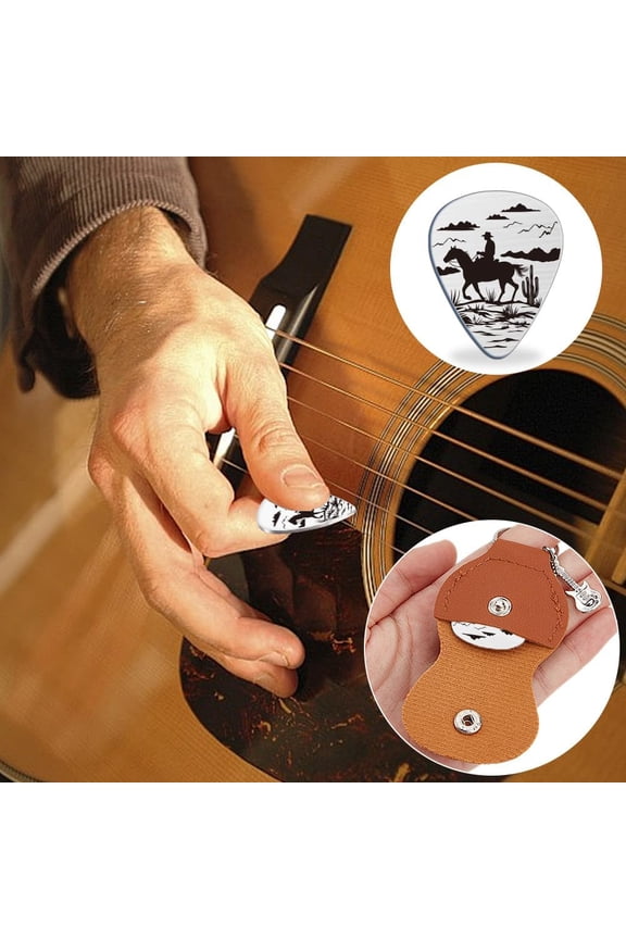 Music Gifts for Guitarist Stainless Steel Guitar Picks Keychain Leather Holder Desert Cowboy Pick Personalized Plectrum Accessories for Musician Lover Birthday Christmas Gifts