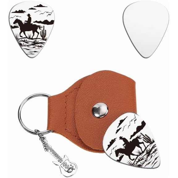 Music Gifts for Guitarist Stainless Steel Guitar Picks Keychain Leather Holder Desert Cowboy Pick Personalized Plectrum Accessories for Musician Lover Birthday Christmas Gifts Brown DIY