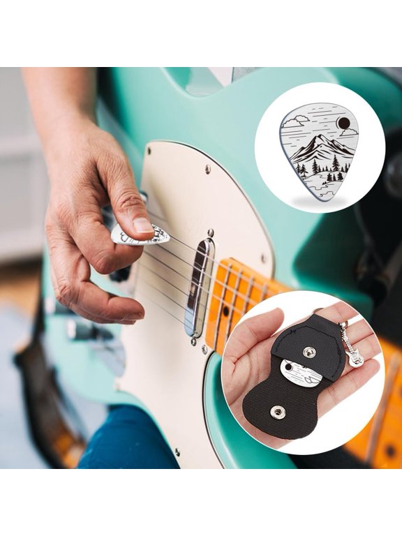 Music Gifts for Guitarist Stainless Steel Guitar Picks Keychain Leather Holder Simple Peak Pick Personalized Plectrum Mountain Accessories for Musician Lover Birthday Christmas Gifts