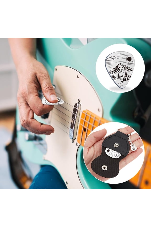 Music Gifts for Guitarist Stainless Steel Guitar Picks Keychain Leather Holder Simple Peak Pick Personalized Plectrum Mountain Accessories for Musician Lover Birthday Christmas Gifts