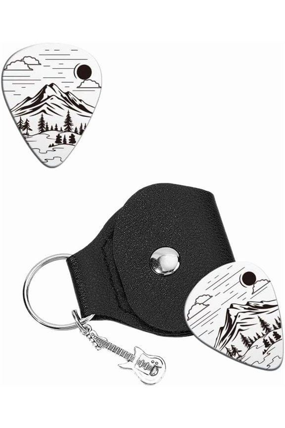 Music Gifts for Guitarist Stainless Steel Guitar Picks Keychain Leather Holder Simple Peak Pick Personalized Plectrum Mountain Accessories for Musician Lover Birthday Christmas Gifts DIY Making
