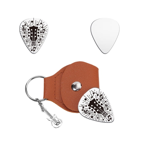Music Gifts for Guitarist Guitar Glow Stainless Steel Guitar Picks Keychain Leather Holder Personalized Music Sign Plectrum Accessories for Musician