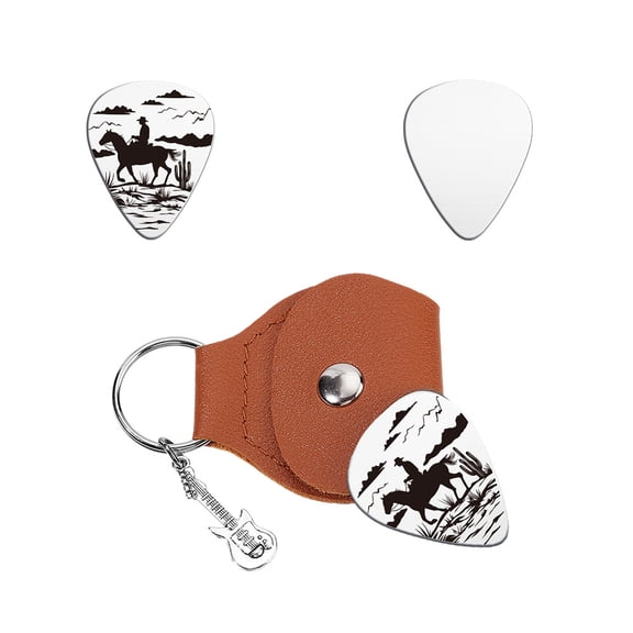 Music Gifts for Guitarist Stainless Steel Guitar Picks Keychain Leather Holder Desert Cowboy Pick Personalized Plectrum Accessories