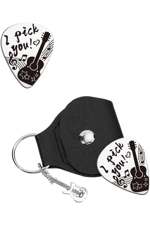Music Gifts forGuitarist I Pick You Music Text Note Stainless Steel Guitar Picks Keychain Leather Holder Personalized Plectrum Accessories