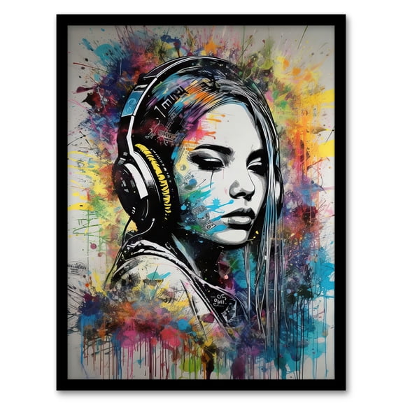 Music Girl Headphones Watercolour Grunge Emo Teen Bedroom Art Print Framed Poster Wall Decor 12x16 inch