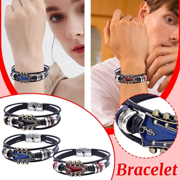 Music Guitar Bracelet for Men Women, Patriotic American Flag Color Leather Wristband with Enamel Stainless Steel Buckle, Adjustable Braided Leather Strap Rock Music Gift (1pc)