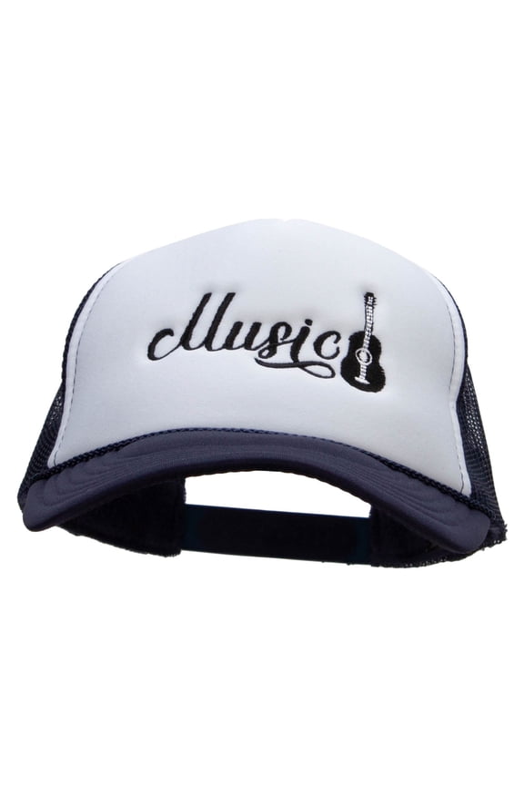 Music Guitar Embroidered Foam Panel Mesh Snapback Cap - Navy White OSFM