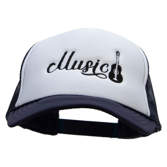 Music Guitar Embroidered Foam Panel Mesh Snapback Cap - Navy White OSFM