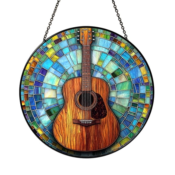 Music Guitar Window Suncatcher Decor, Artistic Stained Glass Hanging, Studio Style Home Accent